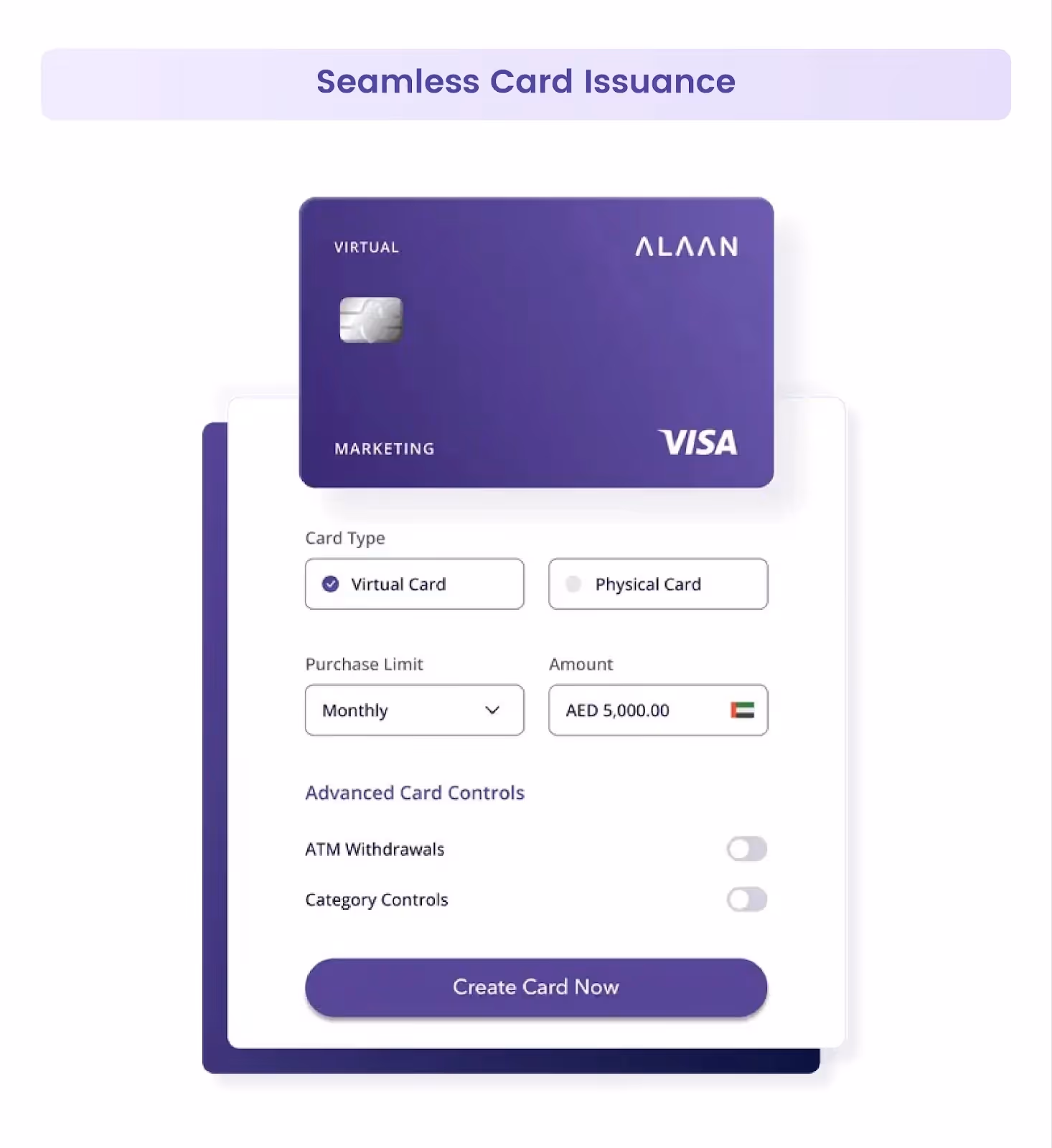 Issue Alaan cards with one click and get started immediately