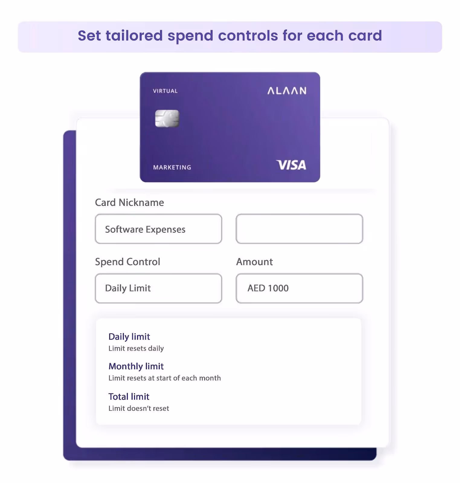 Set tailored spend controls for each card with Alaan