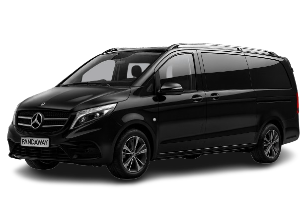 Black Mercedes V-Class luxury van with tinted windows, premium alloy wheels and spacious executive design, photographed from a three-quarter front angle — ideal for VIP chauffeur services, business transfers and elite group transportation