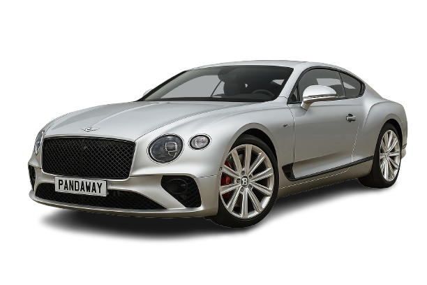 Silver Bentley luxury coupe with sculpted aerodynamic lines and diamond-cut alloy wheels, photographed from a three-quarter front view — an iconic high-end vehicle ideal for elite chauffeur services and VIP transportation