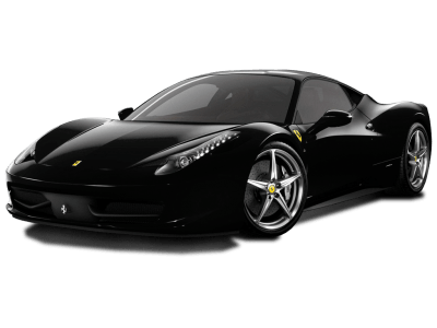 Black Ferrari high-performance supercar featuring aggressive front intakes, low-slung aerodynamic bodywork and signature Italian sports styling, photographed from the front-left angle — ideal for ultra-exclusive VIP chauffeur experiences 