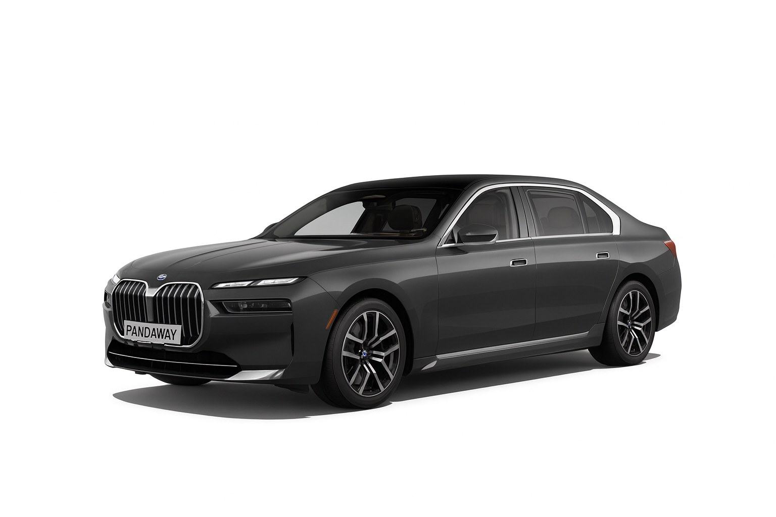 Black BMW luxury sedan featuring chrome kidney grille, sculpted aerodynamic hood, sporty alloy wheels and premium red leather interior, photographed from a front-left angle — ideal for executive chauffeur services and upscale business travel