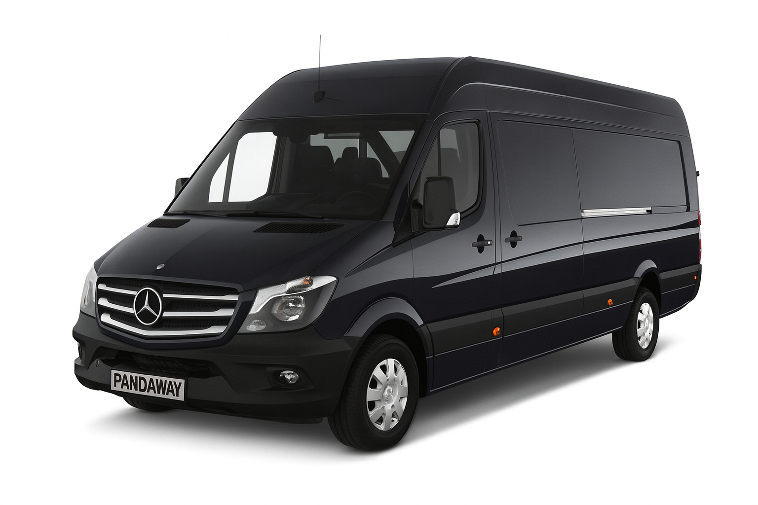 Black Mercedes Sprinter luxury van with AMG-inspired vertical grille, LED headlights, tinted panoramic windows and premium executive design, photographed from a three-quarter front angle — perfect for VIP chauffeur services, elite group transportation 