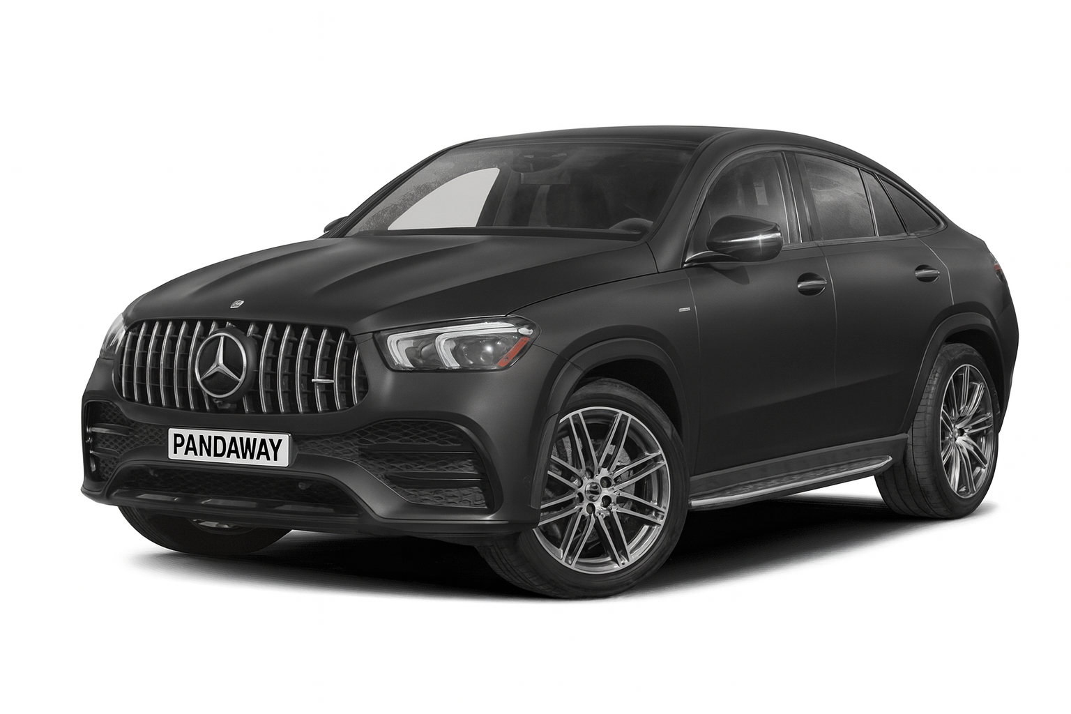 Black Mercedes GLE Coupé luxury SUV featuring AMG-style vertical grille, sculpted aerodynamic bodywork, panoramic roof and large multi-spoke alloy wheels, photographed from a front-left angle — a premium high-end vehicle ideal for VIP chauffeur services 