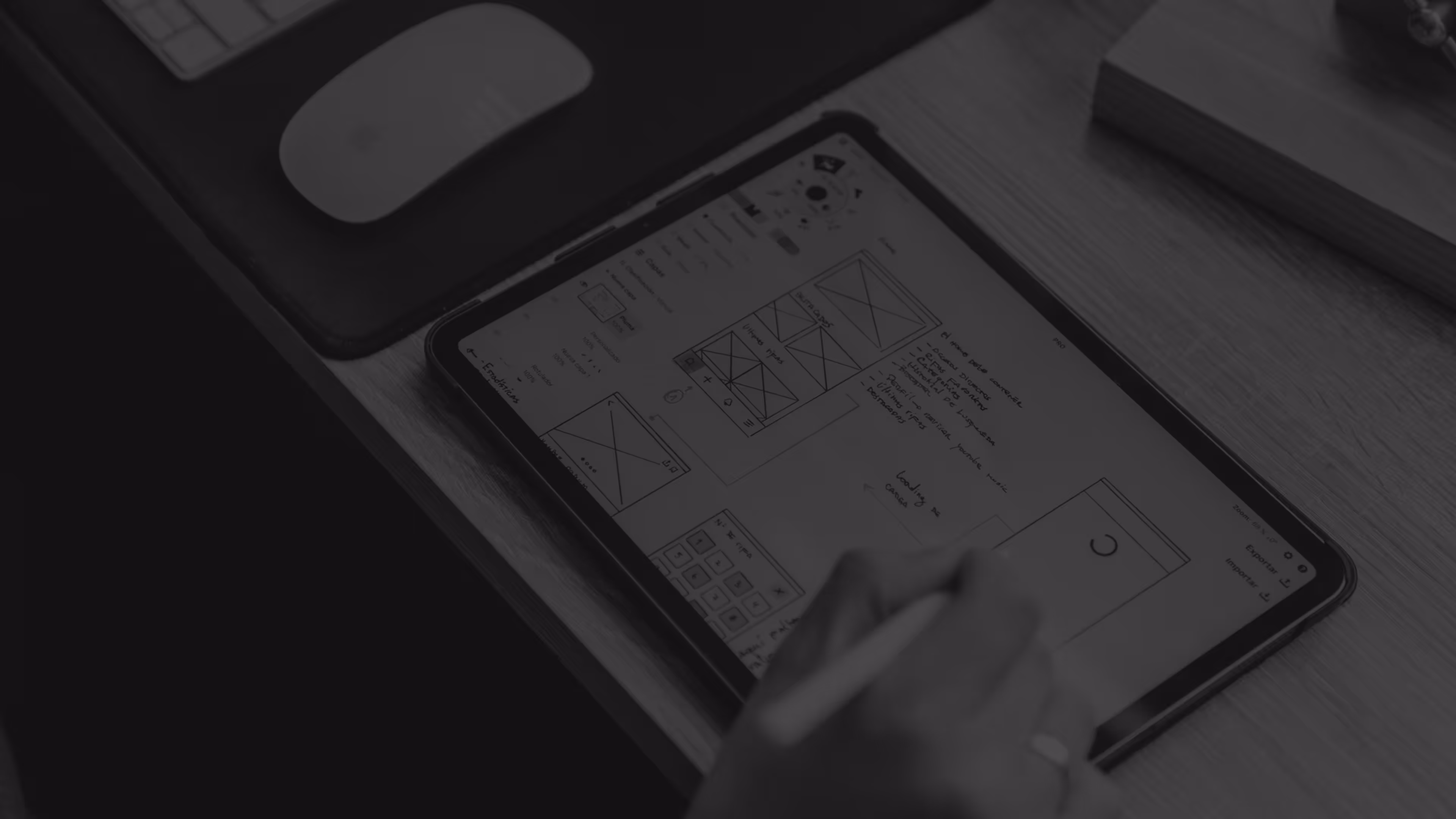 Eine Person mit Tablet, welche an einem Wireframe zur User Experience arbeitet