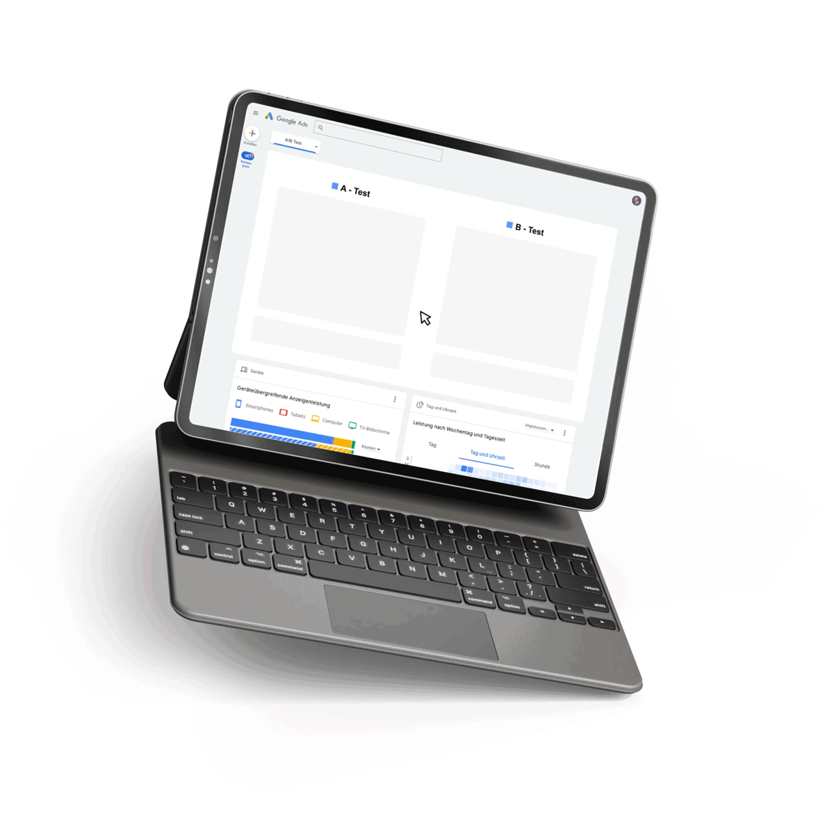 Ein Tablet mit der Auswahl zwischen einem A/B-Test