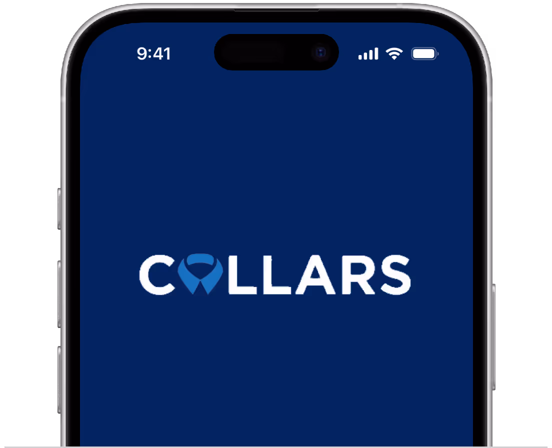 An iPhone with the Collars logo on top of a dark blue background