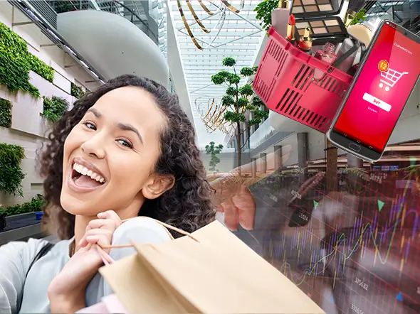 a happy woman in a modern shopping mall. abstract mix of cosmetics in online basket and analytics screen in background