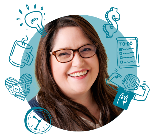 picture of the author Amy Weiher smiling and surronded by small illustrated icons around her face
