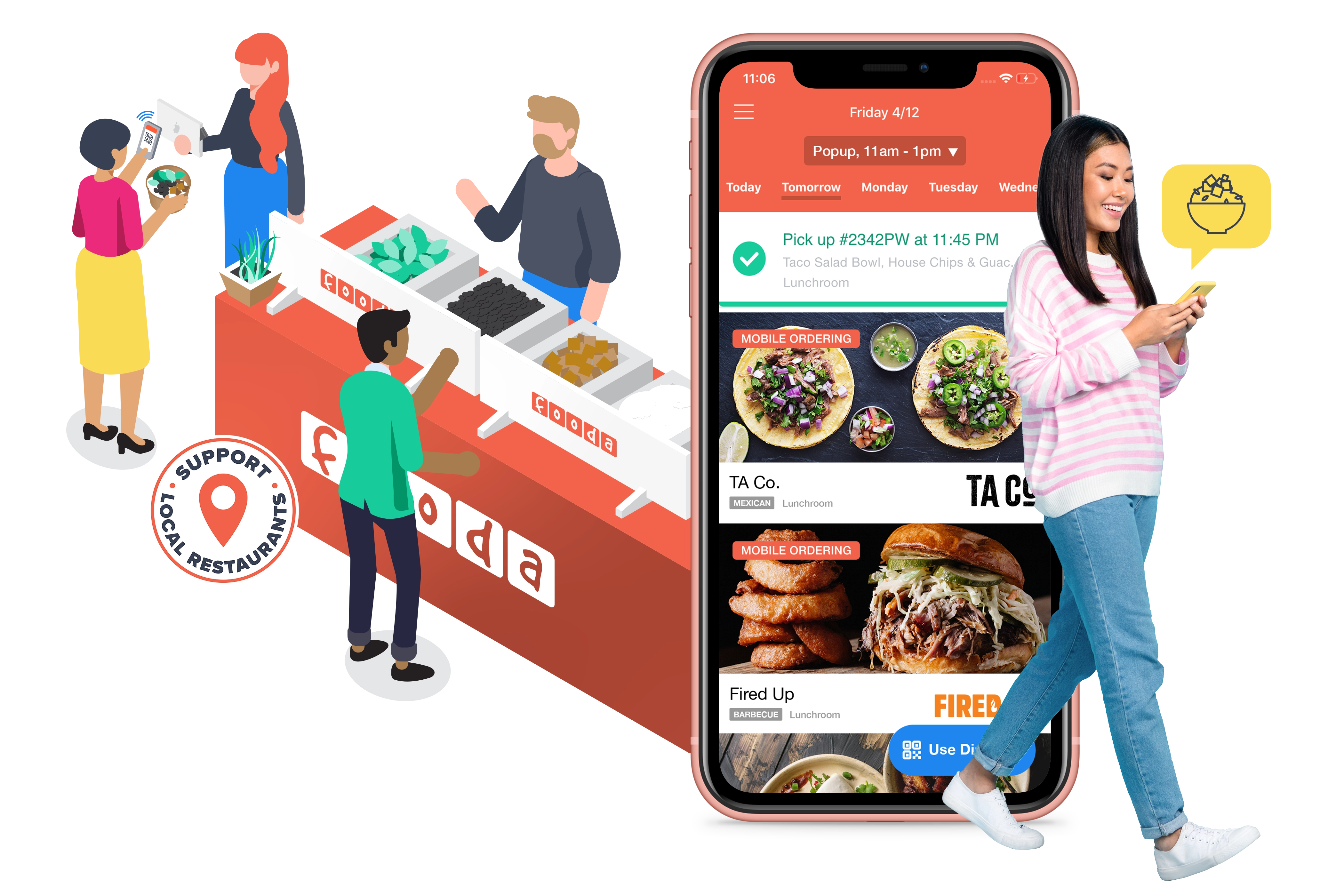 Collage with illustration of a Fooda Popup, a phone with the Fooda App on it, and a woman ordering food on her phone