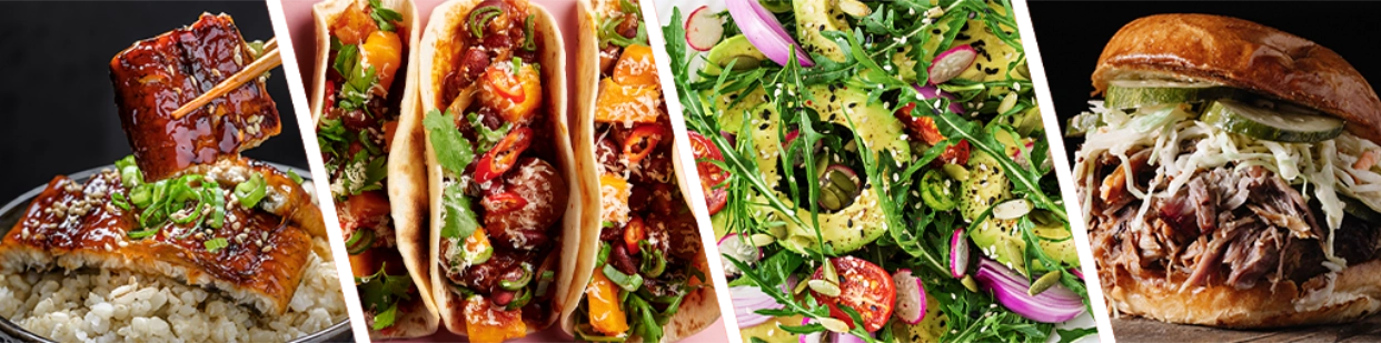 divided image with a rice bowl, tacos, avocado salad, and bbq sandwich