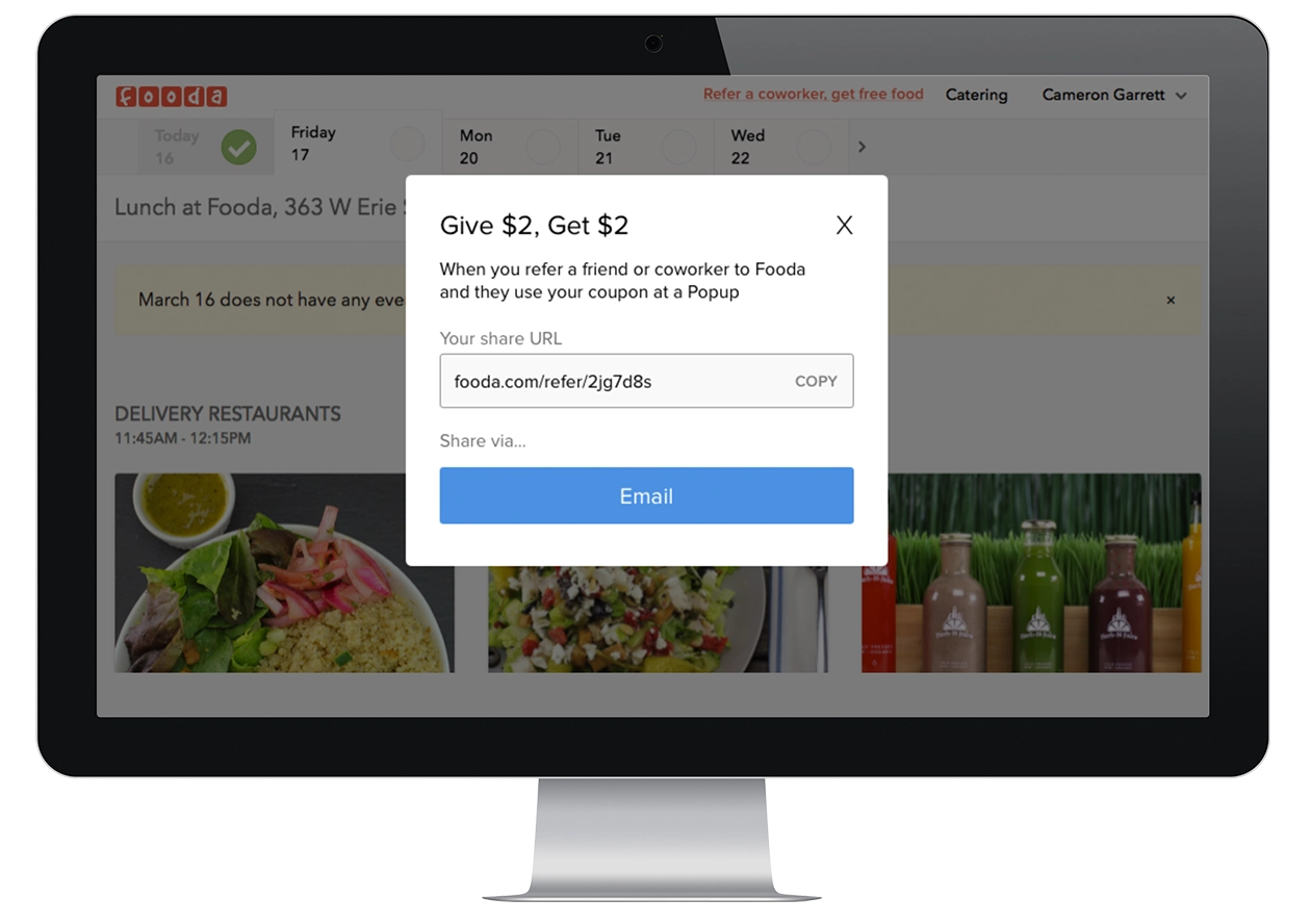 computer monitor showing the Fooda referrals program on the web