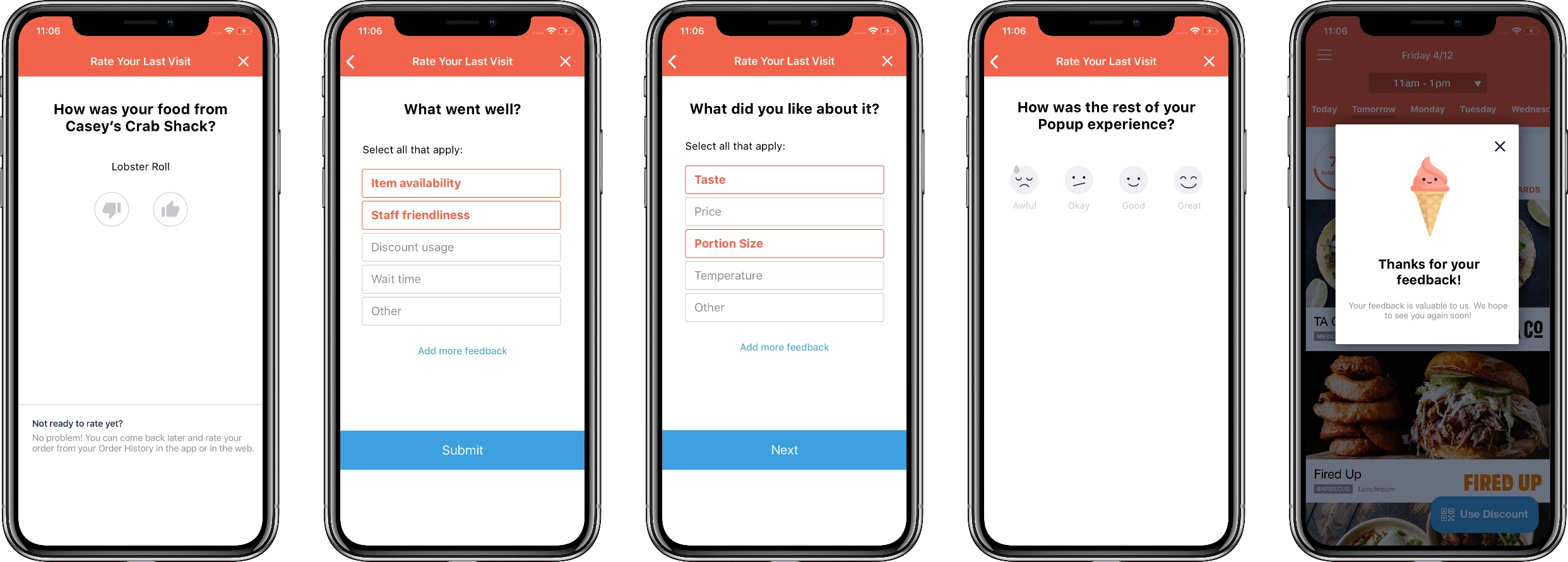 iphones showing how to give feedback in the Fooda App