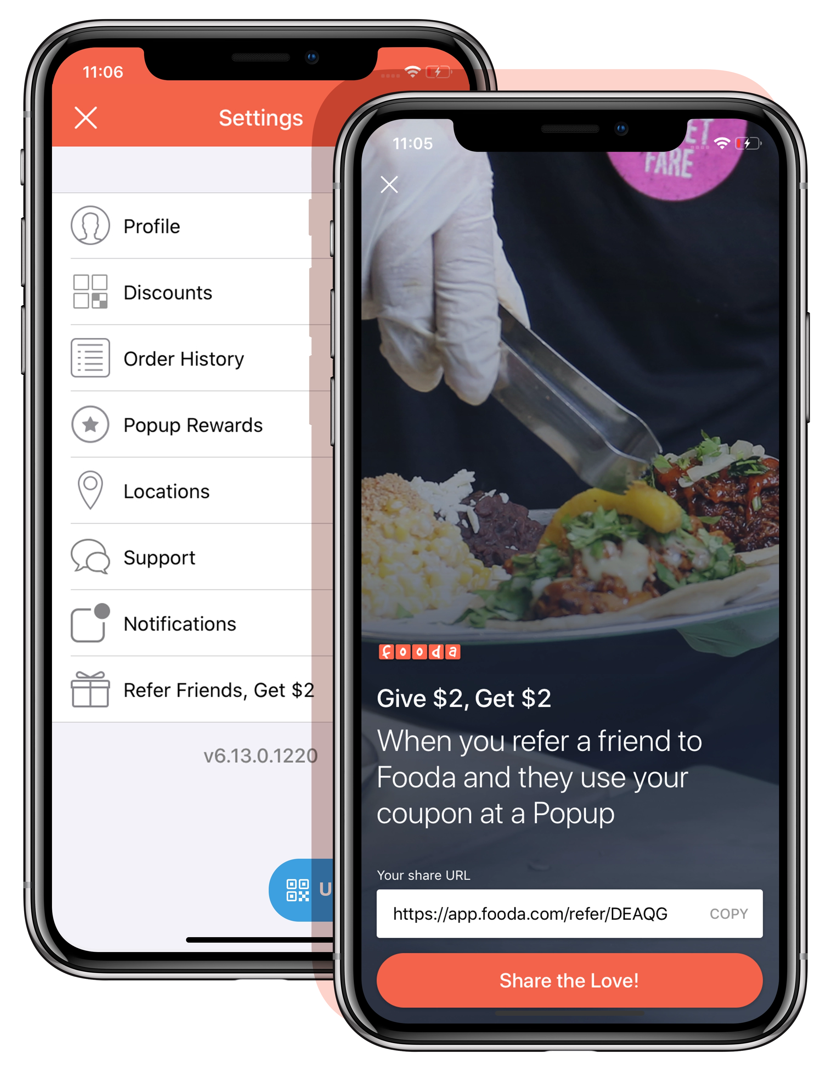 overlapping iphone screens showing the Fooda App referrals screens