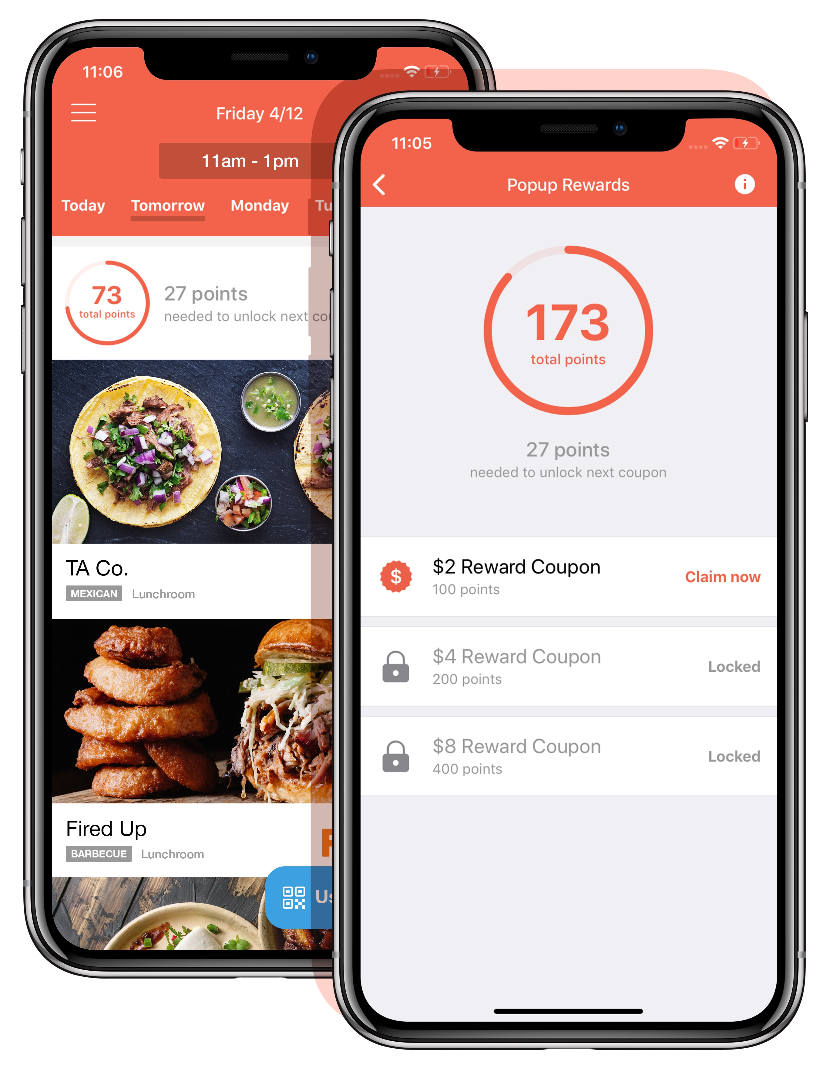 Overlapping iphones showing the main Fooda App screen and the Rewards screen