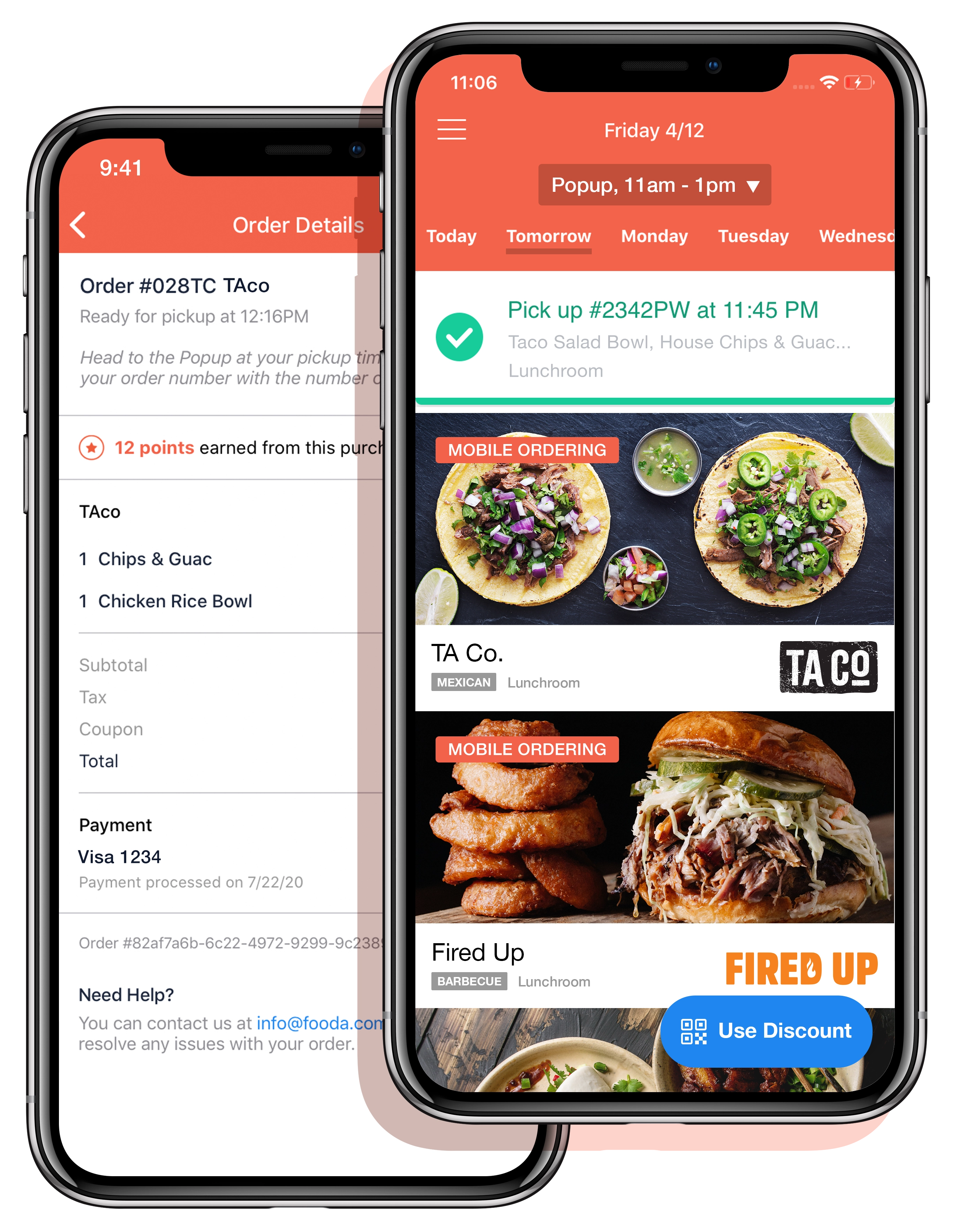 Overlapping iphones showing the Fooda App home screen with order pick up time and an order receipt