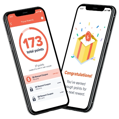 two phones showing the Fooda app rewards screens
