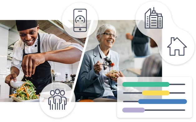 Collage of images of a chef preparing a dish and two women eating at an office with icons demonstrating flexibility