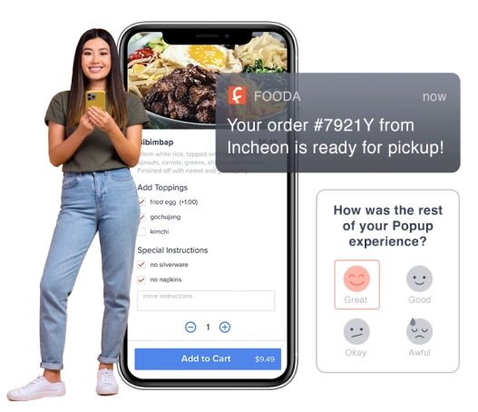 Collage showing a woman ordering from the Fooda App and the screens and messages she would see