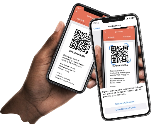 hand holding a phone with a QR code and a second phone scanning the code