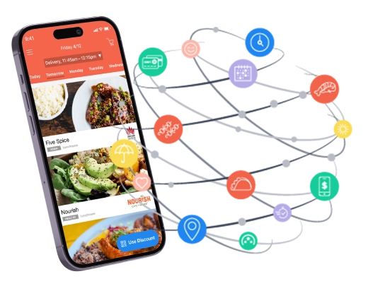 collage of illustrations showing the Fooda App and a cloud of icons representing data points