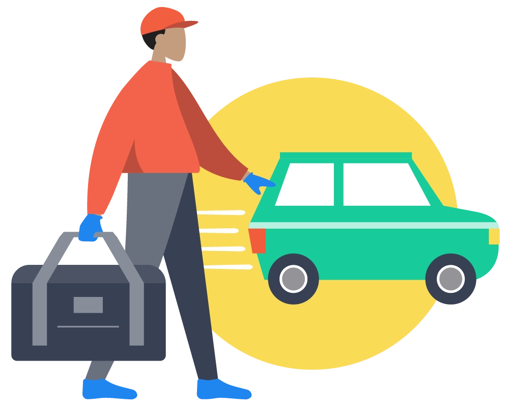 Illustration of a delivery person holding a food warming bag with a car behind