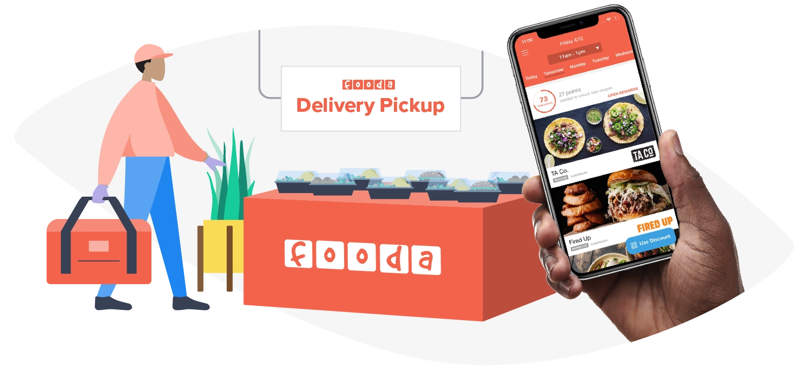 illustration of a delivery person dropping off meals at a Fooda site, and a hand holding a phone with the Fooda app