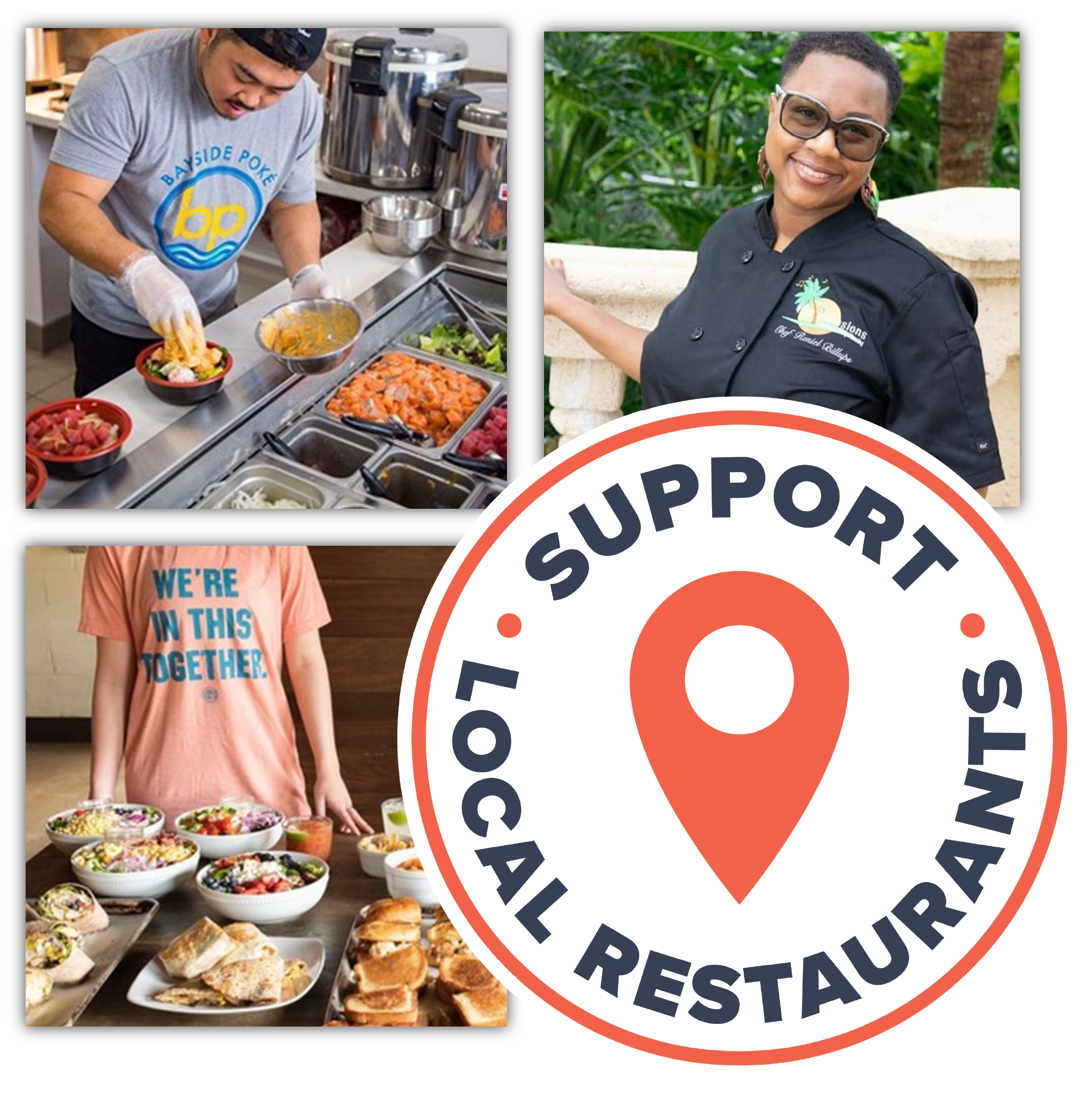 collage of three photos of Fooda restaurant partners and a Support Local Restaurants badge