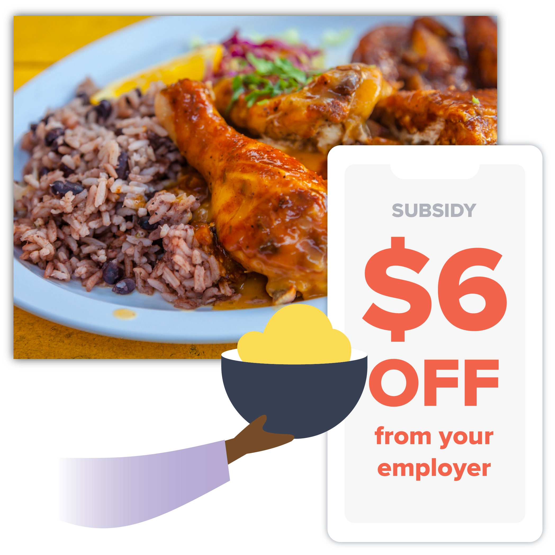collage of a photo of a jerk chicken and rice meal, and an illustration of an employer subsidy on a phone