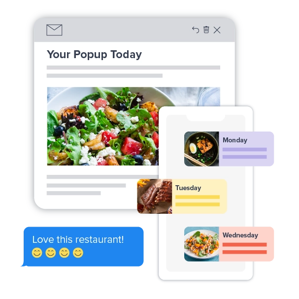 collage of illustrations of email, and app communication from Fooda