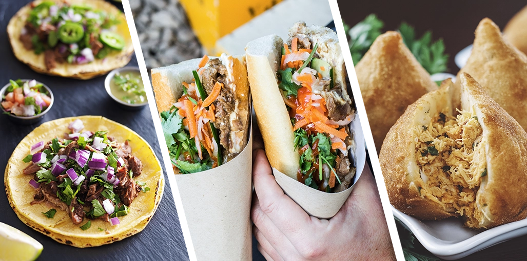 collage of three photos showing street tacos, a grilled panini, and Coxinha