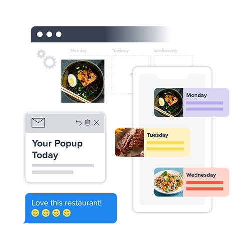 Collage of illustrations depicting Fooda App, Email and Reviews