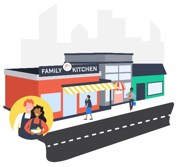 illustration of a street with a restaurant on it