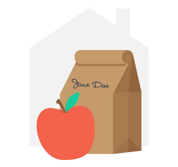 Illustration of a brown bag lunch in front of a house silhouette 