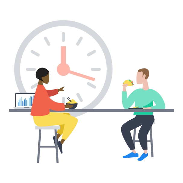 Illustration of two coworkers eating together with a large clock in the background