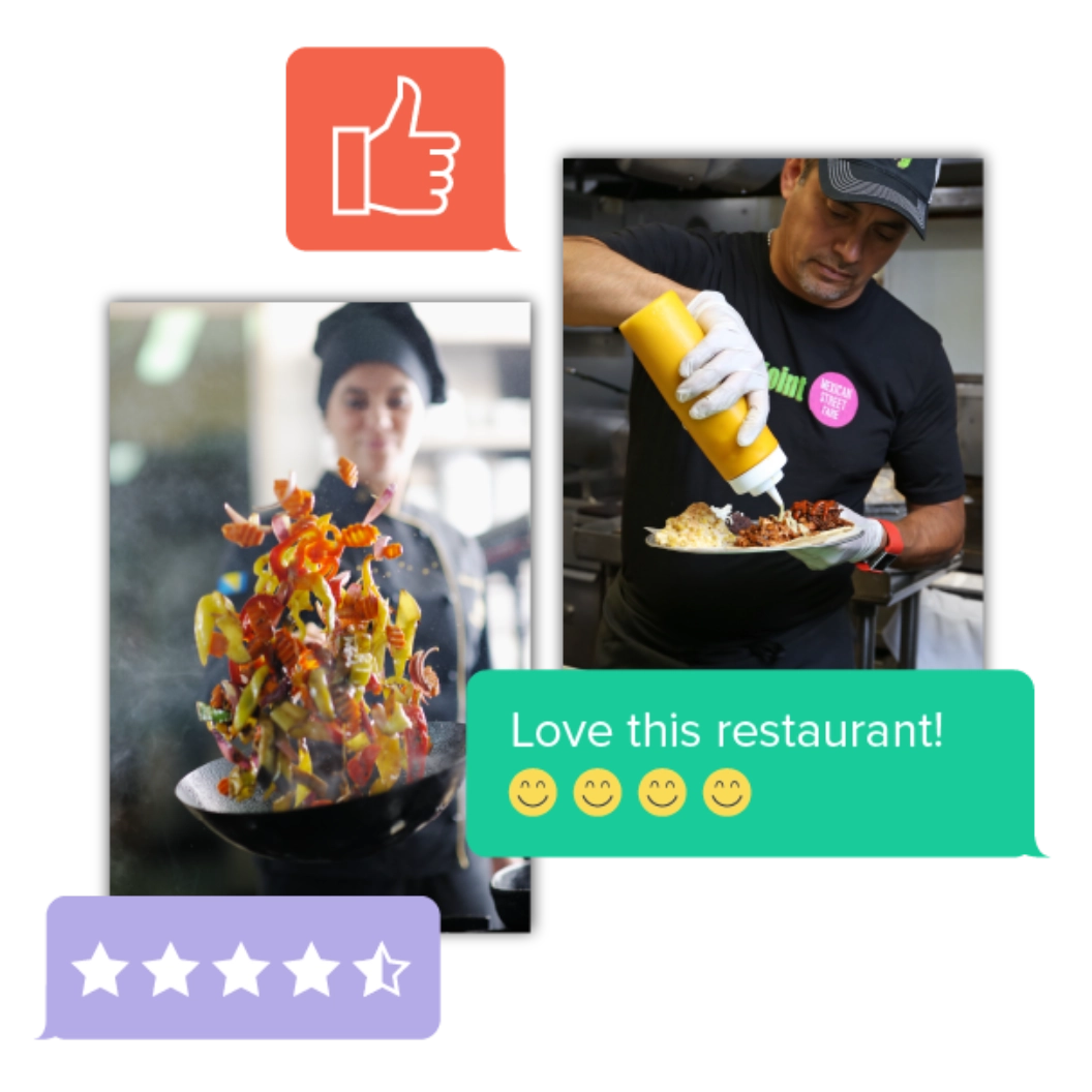 Collage of photos of chefs working with illustrated speech bubbles with a thumbs up, 4.5 stars, and a good review.
