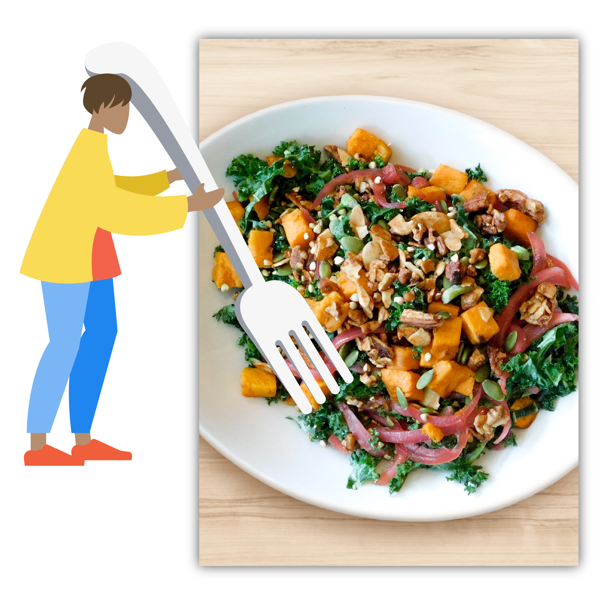 illustration of a woman with a large fork layered over a photo of a grain salad