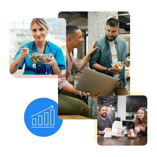 collage of photos of people eating in different work settings, and an icon showing a growth graph