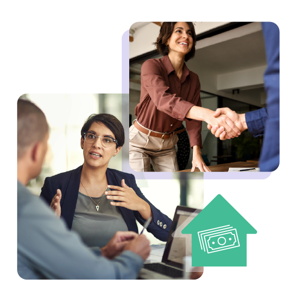 collage of photos of business meetings and a money icon