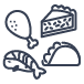 a line icon showing a chicken drumstick, pie, sushi, and a taco.