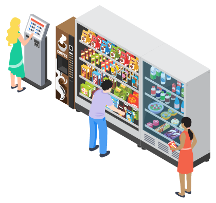 illustration of people using an office pantry with a checkout kiosk