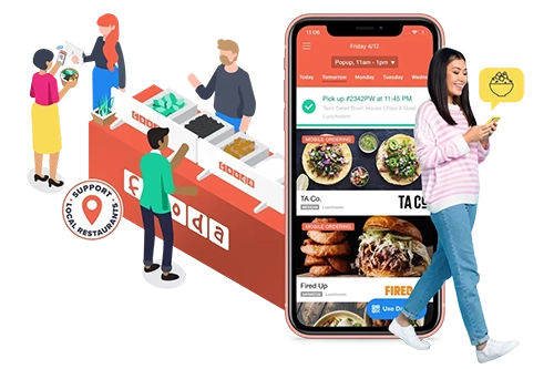 Collage with illustration of a Fooda Popup, a phone with the Fooda App on it, and a woman ordering food on her phone
