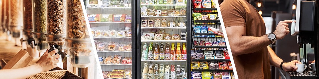 collage of three images showing snacks, refrigerated food and drinks, and a man getting coffee from an espresso machine