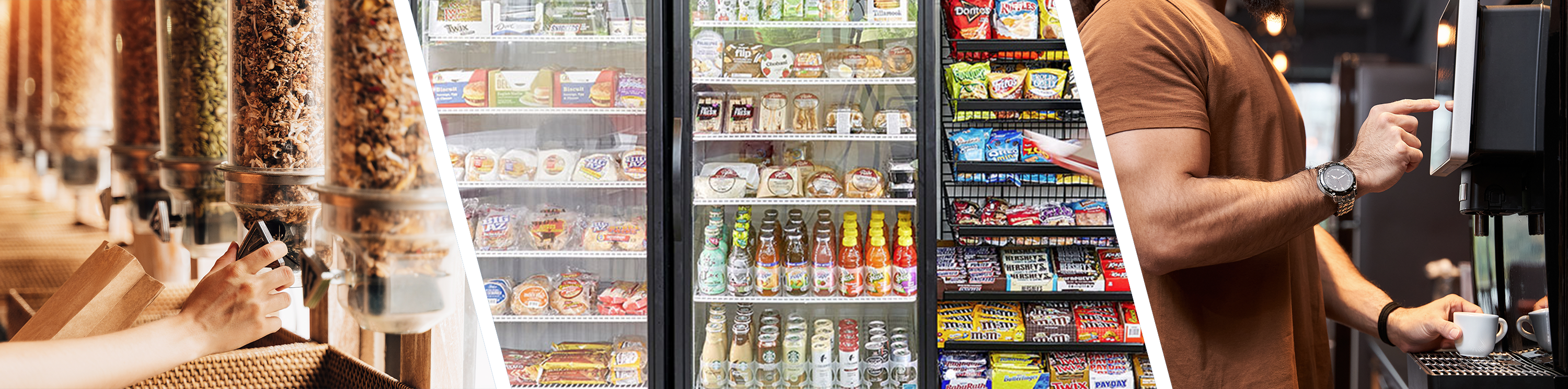 collage of three images showing different options found in Pantry, Snacks, Refrigerated Food and Drinks, and Coffee.