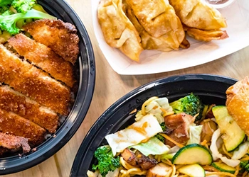 Teriyaki bowls and dumplings from Teriyaki Madness