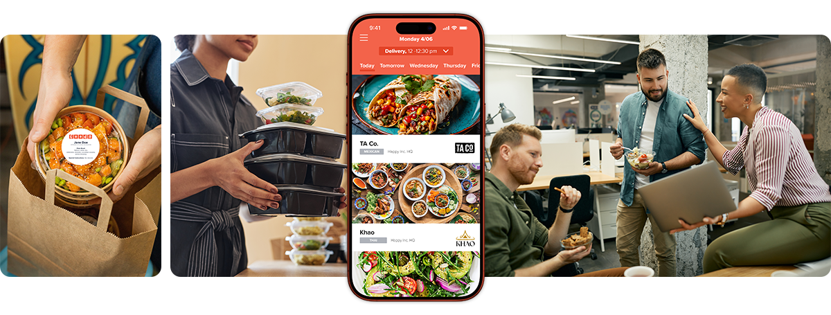 Collage of Images. Hands taking labeled meal out of a bag, A woman setting out packaged meals, Fooda App on phone, coworkers eating together in an office.