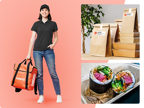Woman in black shirt holding orange Fooda delivery bag beside packaged food and sushi burrito.