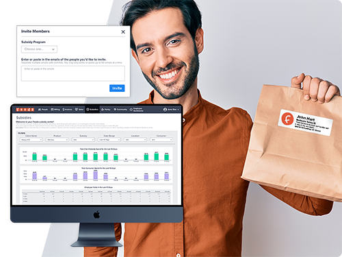 collage showing a photo of a man holding his labeled lunch, and images from Fooda's platform for businesses to see data from their program.