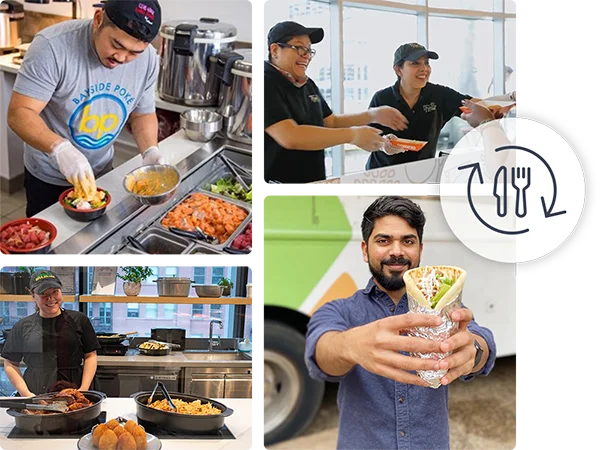 collage of four different restaurant partners preparing and serving food, along with an icon of a fork and knife with rotating arrows.