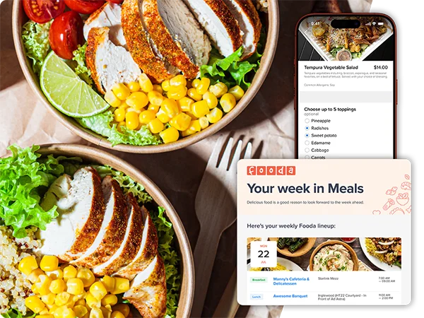 Two bowls of salad with sliced chicken, corn, lettuce, and lime next to phone and Fooda app screen with email communication.